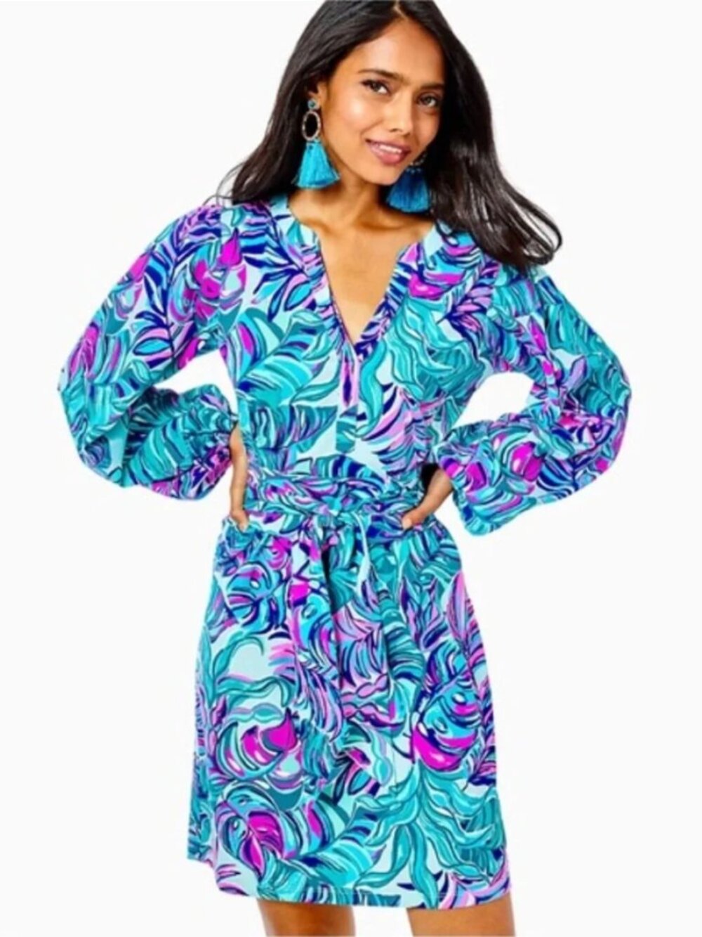 Lilly Pulitzer Bedelia Dress Seasalt Blue Don't Wanna Leaf Sash Printed Mini L